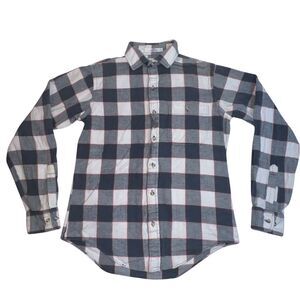 Vtg Brigade Shirt Mens Medium Button Front Collared Black White Plaid Cotton